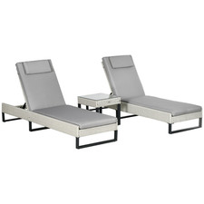 Sun Lounger Set Pair Light Grey PE Rattan Steel 196x63cm Cushioned 5-Pos SideTbl