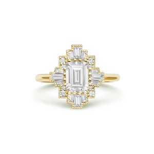 Authentic 8x6mm Emerald Cut Art Deco Moissanite Engagement Ring 14K Yellow Gold Plated