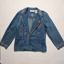 Vintage Geometric Embroidered Denim Jacket Boho Style Blue Womens SML Two Twenty