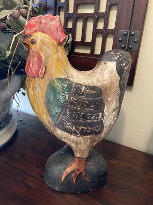13.5''   HAND PAINTED FARMHOUSE FOLK ART ROOSTER CHICKEN~Shabby Chic Decor