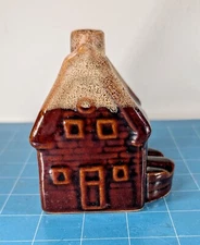 Vintage Brown Drip Ceramic Ashtray Log Cabin Chimney Smoke Smoking House
