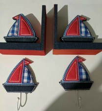 Nautical sailboat set baby little boy nursery room bookends decor red white blue
