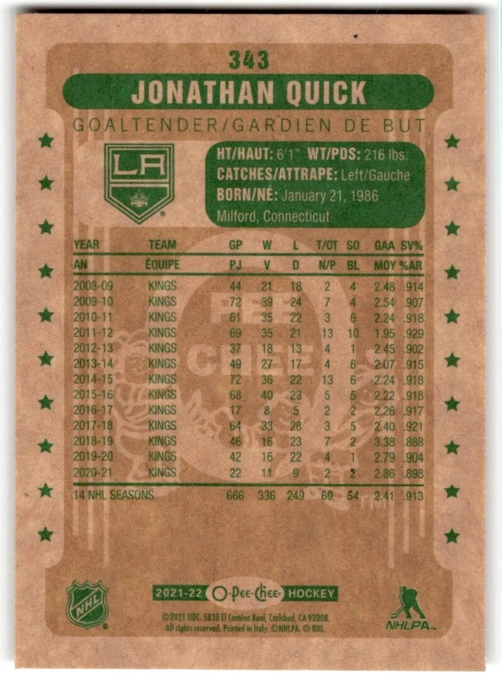 2021-22 O-Pee-Chee Retro Jonathan Quick #343 Los Angeles Kings - Image 2 of 2