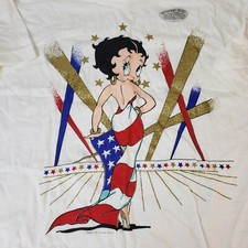Diamond Dust Betty Boop Vtg 90s Glam Chick TULTEX T Shirt L Patriotic Flag Star