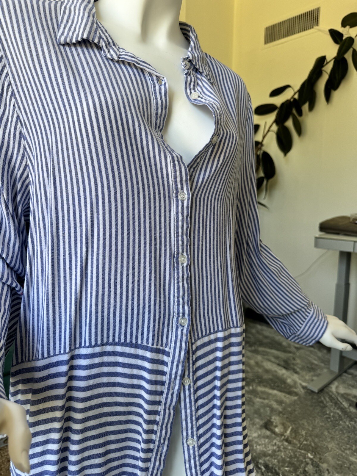 CJ Banks-1X-blue And White Striped V-neck Button Down Shirt