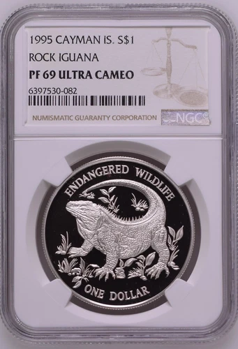 CAYMAN ISLANDS $1 1995 Silver Crown NGC PF69 Wildlife Rock Iguana Lizard Top Pop