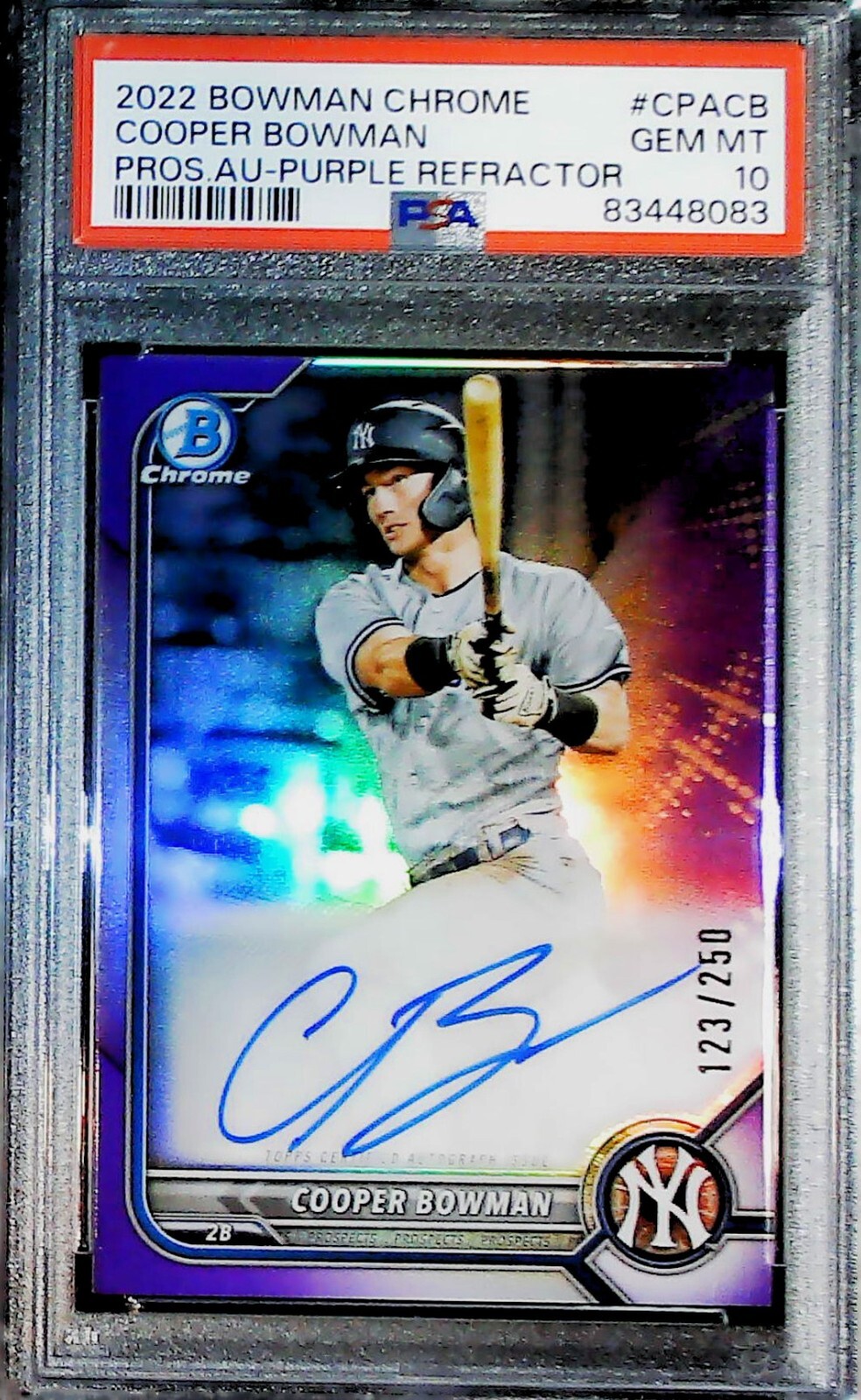 2022 BOWMAN CHROME #CPACB COOPER BOWMAN PURPLE REFRACTOR ROOKIE AUTO /250 PSA 10