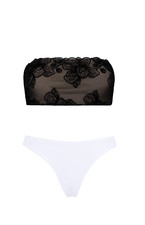 PQ PilyQ Eclipse Stella Bandeau Top L  Ruched Bikini Bottoms M set black white