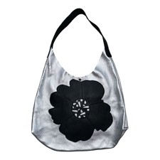 Urban Artisan Gray Silver Leather Oversized Flower Boho Tote Bag 15.5” X 21”