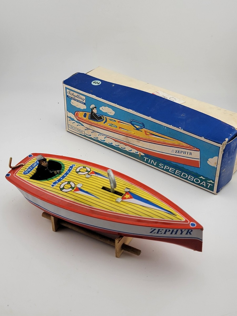 Vintage 1996 Schylling Tin SpeedBoat Zephyr Wind Up Toy LIMITED