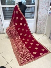 Velvet Embroidered Indian Pakistani Wedding Bridal Dupatta Zari Work Gift Scarf