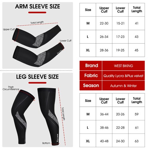 WEST BIKING Winter Sports Fleece Cycling Reflective Arm Warmers Sleeves Size L - Picture 10 of 10