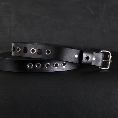 Grommets Leather Belt. Large Holes Design. 1.5” Wide. BLACK  display picture 3