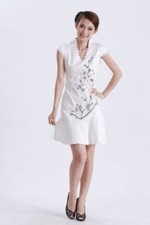 Jolie Mini Robe Chinoise Qi-Pao Blanc en Coton Tissé Brodée Col V T36M