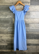 Accessorize Midi Dress Size XS Blue Frill Shoulder Organic Cotton Summer