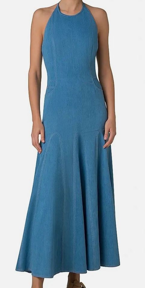Akris Punto Women's Blue Mixed-Media Halter Pleated MIDI Dress Size 8