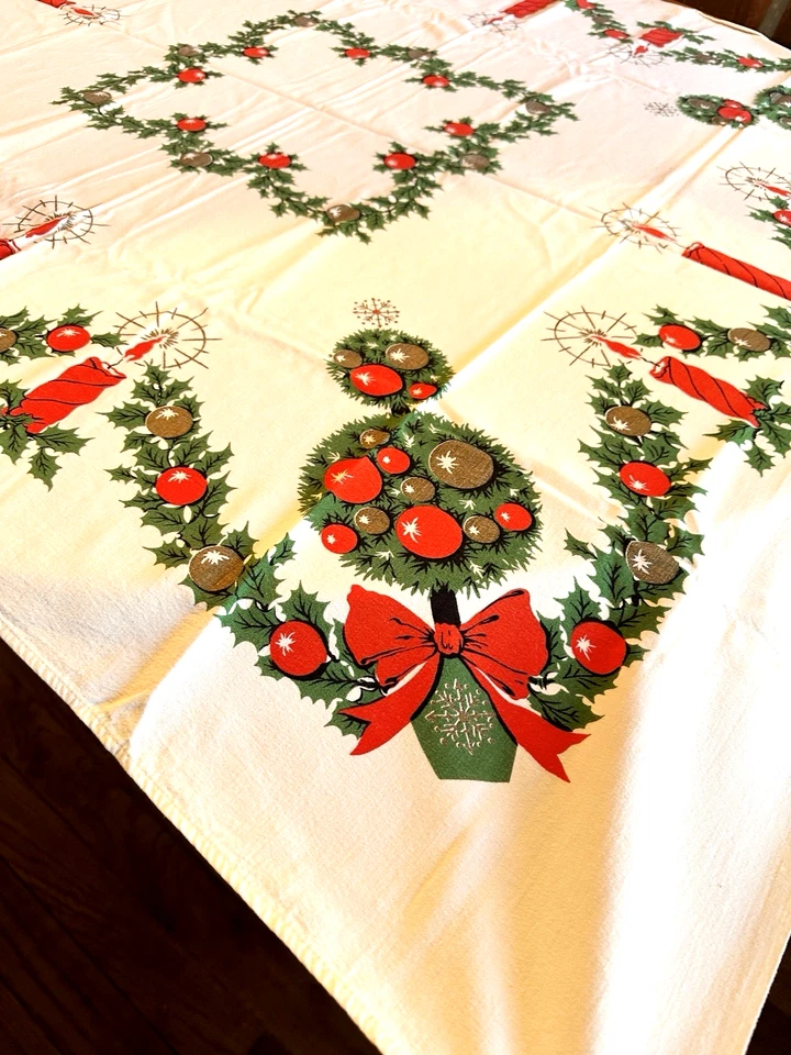 Vtg Xmas Cotton Topiary Tree Tablecloth 45x52" MCM Candles Holly Garland FreShip - Image 2 of 4