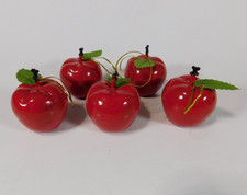 Lot of 5 Small Red Apples Hanging Ornaments 2 Inch Painted Plastic Green Leaf