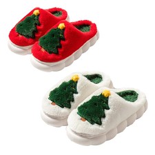 1Pair Adults Christmas Slippers Cute Cartoon Christmas Tree Design Plush Slipper