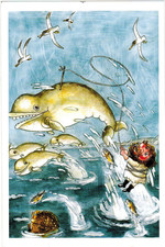BELUGA WHALE Fishing  Russian humorous postcard fairy tale drawing by D.Trubin