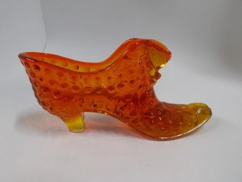 Fenton Hobnail Art Glass Cat Head Shoe Slipper Amberina Orange