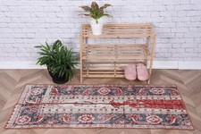 Vintage Turkish Small Rug 1,8x4,5 ft, Red Blue Handmade Wool Rug