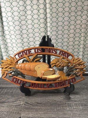 Vintage SEXTON metal sign plaque Cutout Give Us Our Daily Bread 15x8