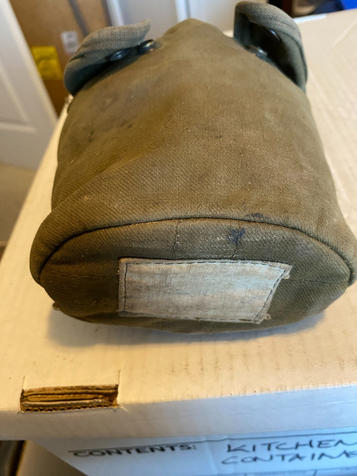 Vintage military aluminum dented canteen w/ green canvas cover unmarked