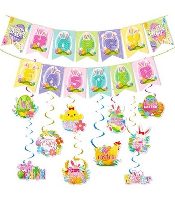 Happy Easter Spiral Hanging Decorations - Festive Swirls & Banner Set for Party