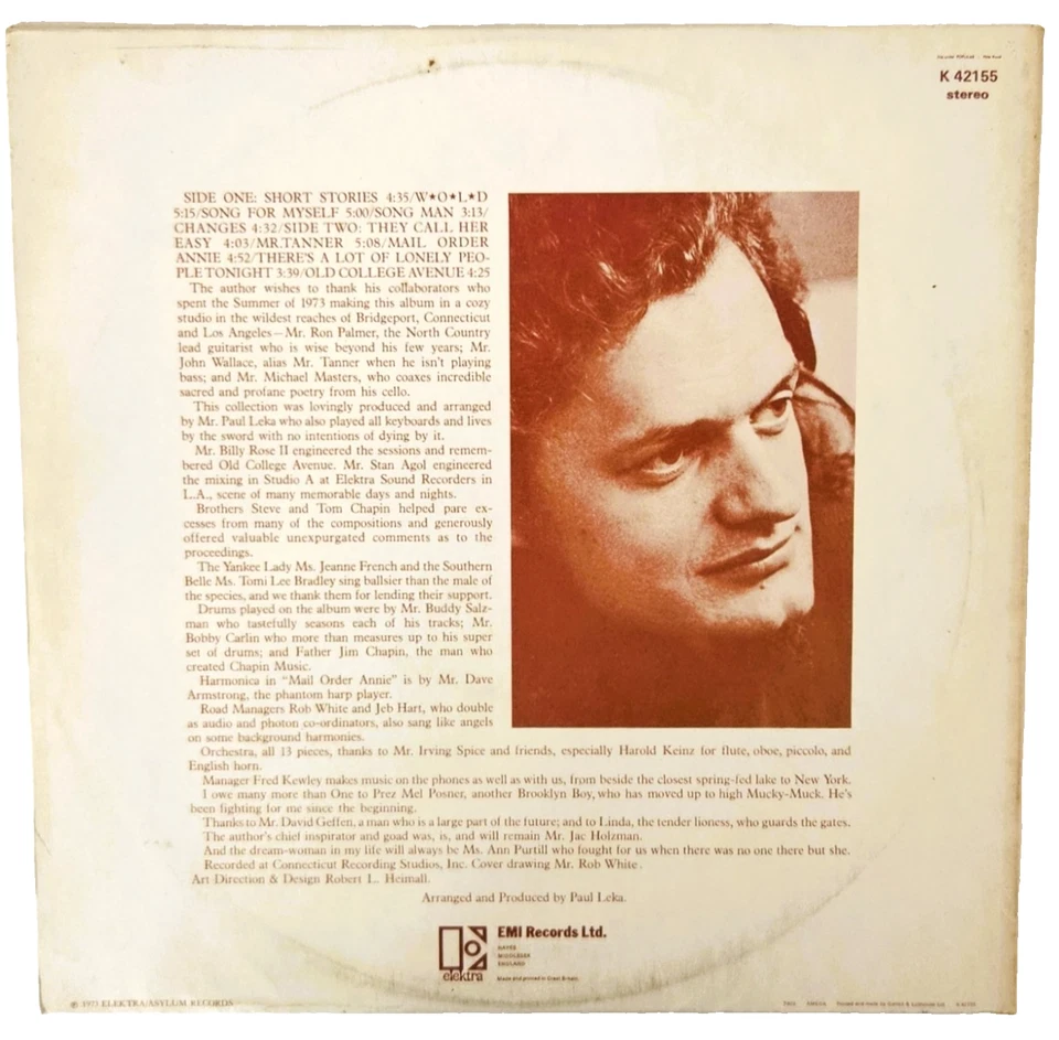HARRY CHAPIN Short Stories * SIGNED! * UK LP Elektra K42155 NM/VG+ 1973 - Image 4 of 4
