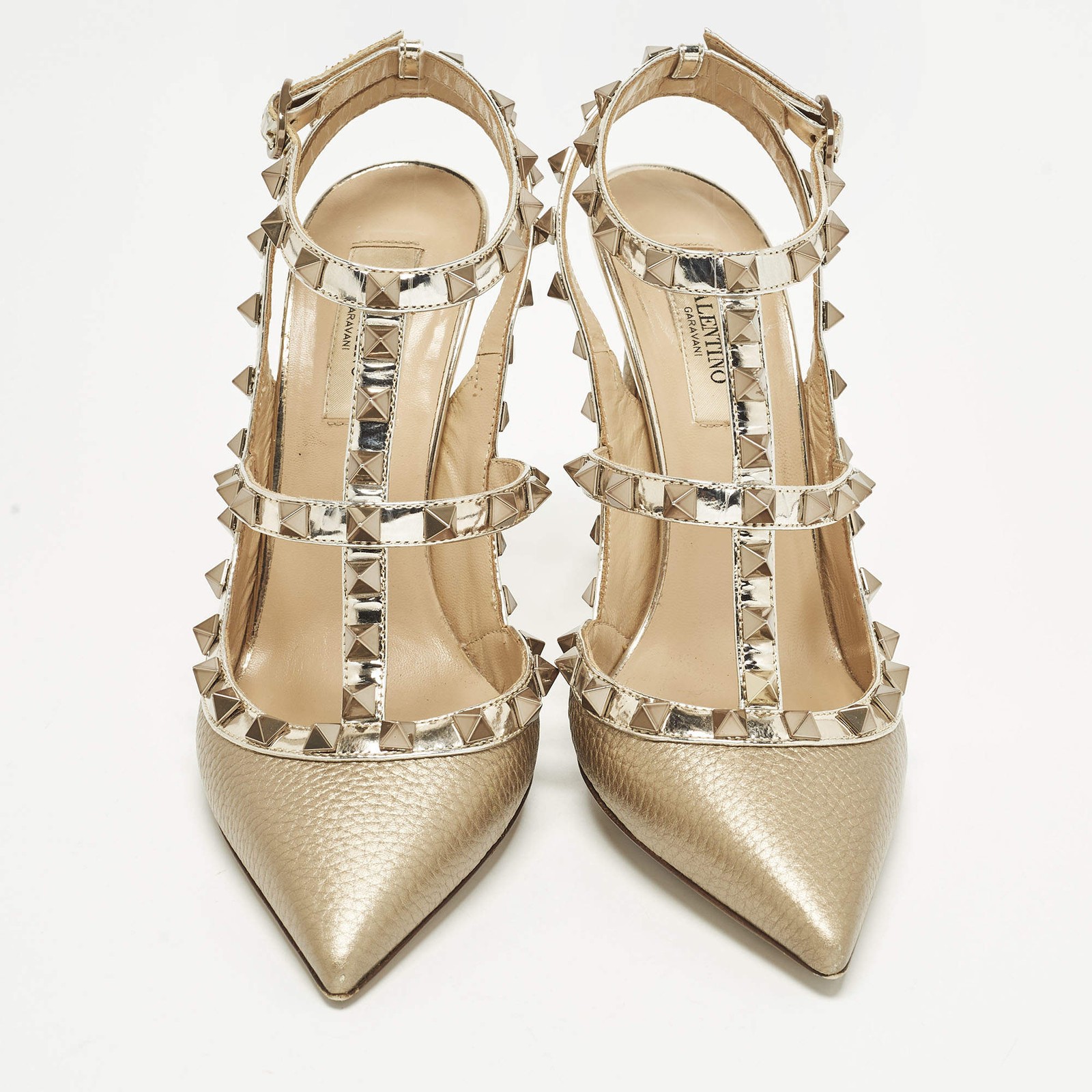Valentino Rockstud Size 37 Gold Leather and Patent Leather Ankle Strap Pumps thumbnail 4