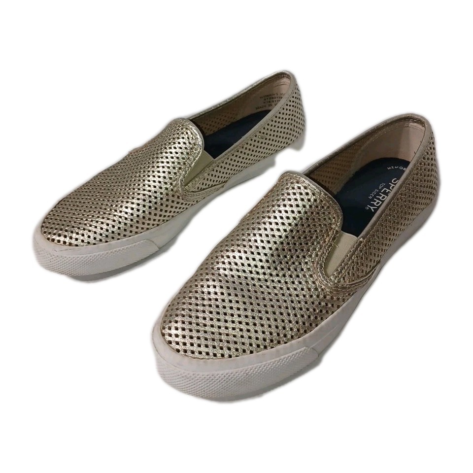Sperry women Memory Foam Light Gold Metallic Slip-On Seaside Shoes Size 9