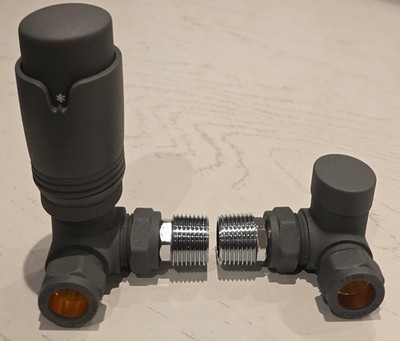 Eck-Winkel-Thermostat-Heizkörperventil matt anthrazit TRV + Sperrschild TCTRV