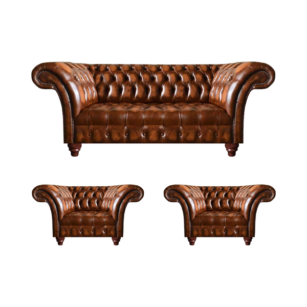Braune Wohnzimmer Chesterfield Garnitur 2X Ledersessel Edler Dreisitzer-image