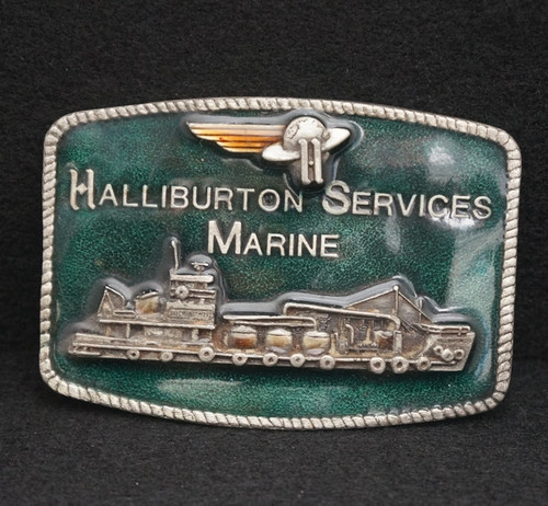 WA15115 VINTAGE 1981 **HALLIBURTON** HEBILLA DE CINTURÓN DE CAMPO PETROLÍFERO DE PELTRE MARINO EN ALTA MAR