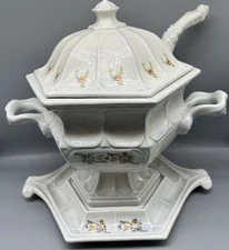 Vintage Lidded Soup Tureen with Ladle and Tray Signed RF Floral Pattern Hexagon