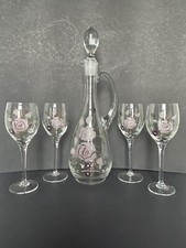 Vintage MCM Tall Hand Painted Decanter & 4 Wine Glasses W/ A Floral Pattern