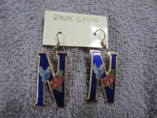 NWT women's pierced earrings geniune Cloisonne Letter "N" flowers