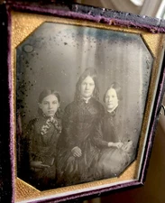 Dated 1847 1840s Daguerreotype Women & Girl Holding Closed Dag, Mourning Group?