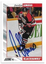 JOCELYN LEMIEUX Autographed Signed 1992-93 Score card #309 Chicago Blackhawks