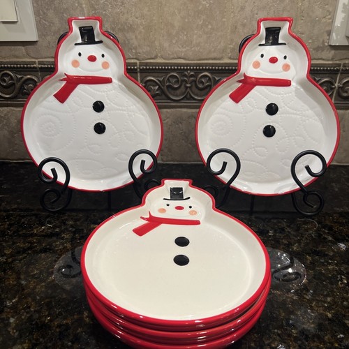 HALLMARK CERAMIC SNOWMAN APPETIZER/SNACK PLATES SET OF 5 NEW SO