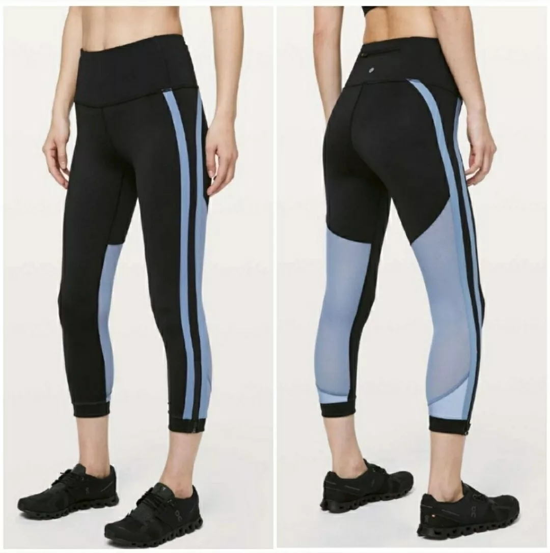 Lululemon Zip The Line Crop Leggings LIKE NEW Size 4 Black Blue Mesh