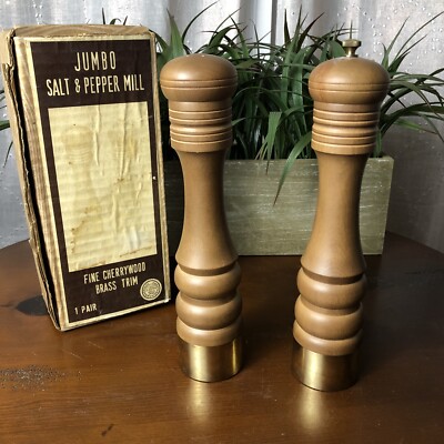 Nasco Vintage Cherry Wood & Brass Salt & Pepper Shaker/Mill 10'' Japan NOS NIB