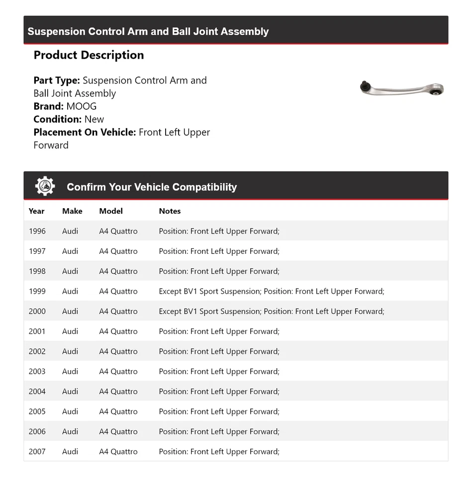 Brazo de control delantero izquierdo delantero superior delantero MOOG 1996-2007 AUDI A4 QUATTRO Foto 2 de 4