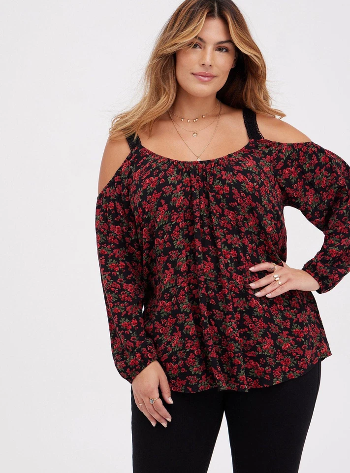 Top para mujer Torrid rojo arrugado gasa encaje ribete L/S hombro frío talla 3 nuevo con etiquetas rosa