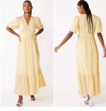 Draper James Womens Dress Size S Puff Sleeve Maxi Wrap Lemon Blue/White Stripe