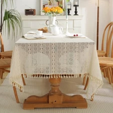 Enova Home High Quality Washable Wrinkle Free Lace Tablecloth with Tassel