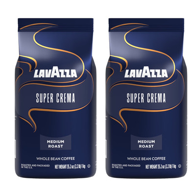 Lavazza Super Crema Whole Bean Coffee, Medium Roast, 2.2 lb Bag (Pack of 2)