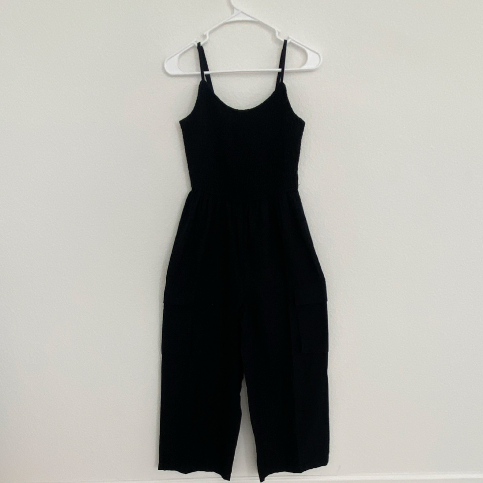 Jumpsuit Women’s Petite Medium Black 100% Cotton Smocked Sleeveless Lightweight-image