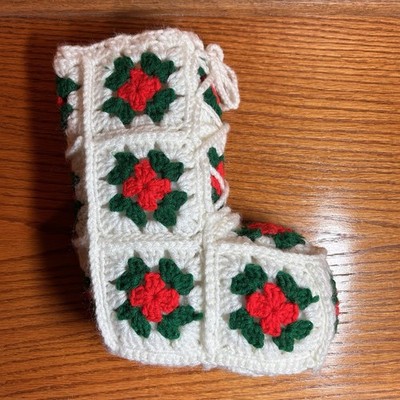 VTG Granny Square Christmas Boot Stocking 10'' Handmade Crochet Xmas MCM Kitschy